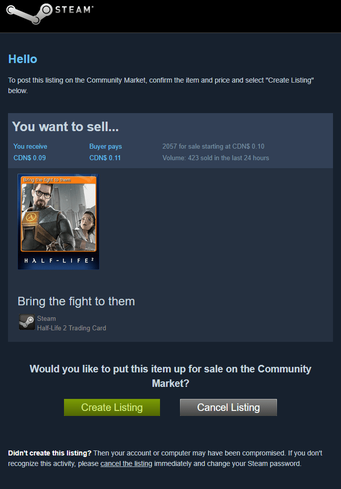 Steam Market Confirmation Email